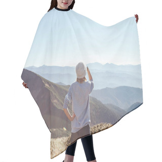 Personality  Rear View Of Female Explorer Looking At Scenic Mountains On Sunny Day, Carpathians, Ukraine Hair Cutting Cape