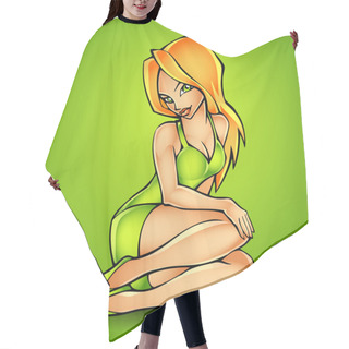 Personality  Vector Illustration Of Sitting Sexy Lady Wearing In Green Dress Hair Cutting Cape