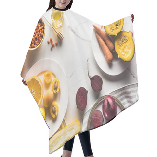 Personality  Top View Of Plates With Season Autumn Vegetables And Fruits On Marble Surface Hair Cutting Cape
