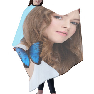 Personality  Attractive Young Woman With Butterfly On Shoulder Isolated On Blue Hair Cutting Cape