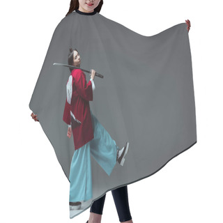 Personality  Side View Of Samurai In Kimono Walking With Katana And Looking At Camera On Grey Hair Cutting Cape