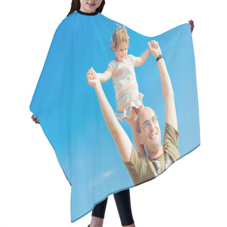 Personality  Happy Father And Baby Child Girl Playing Outdoors Hair Cutting Cape