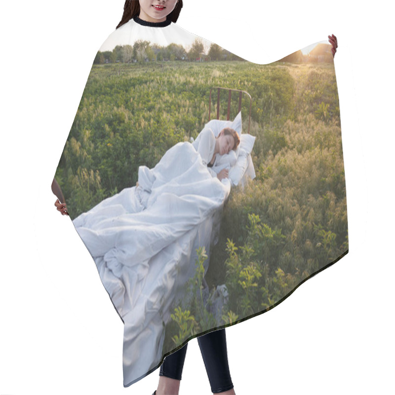 Personality  Girl Sleeping In The Bed In A Green Field. Healthy Sleep In Natur Hair Cutting Cape