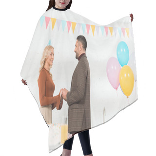 Personality  Happy Woman Holding Hands With Husband Near Birthday Cake And Colorful Balloons Hair Cutting Cape