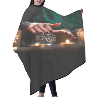 Personality  Fortuneteller Female Divining On Magic Ball At Table With Burning Candles Hair Cutting Cape