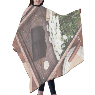 Personality  Top View Of Opened Vintage Suitcase With Objects Over Wooden Background Hair Cutting Cape