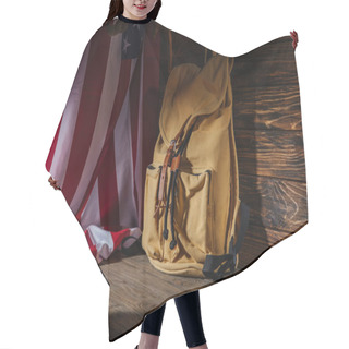 Personality  Backpack And American Flag On Wooden Surface, Travel Concept  Hair Cutting Cape
