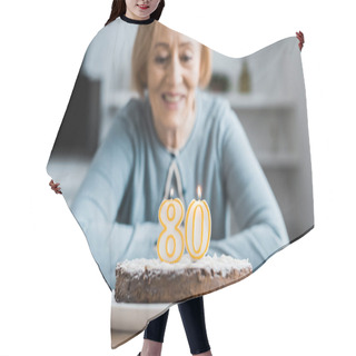 Personality  Smiling Senior Woman Sitting At Table And Looking At Cake With '80' Sign On Top During Birthday Celebration At Home Hair Cutting Cape