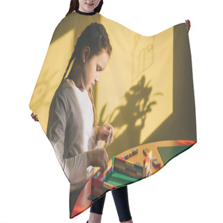 Personality  Focused Little Child Building House With Constructor Hair Cutting Cape
