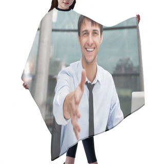 Personality  Happy Mature Business Man Offering A Welcoming Hand Hair Cutting Cape
