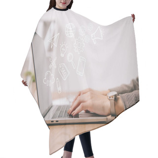 Personality  Cropped View Of Businesswoman Working And Typing On Laptop With Seo Icons Hair Cutting Cape