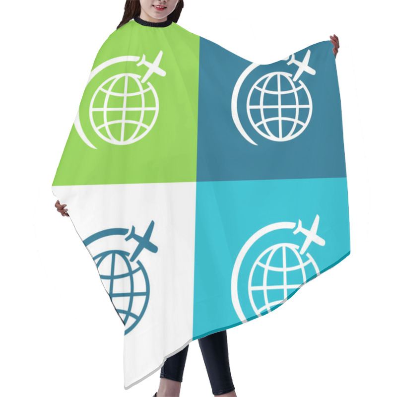 Personality  Airplane Flight In Circle Around Earth Flat four color minimal icon set hair cutting cape