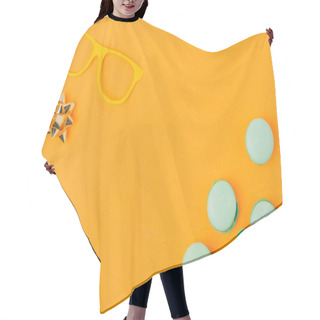 Personality  Top View Of Party Mask, Bow And Macarons Isolated On Orange, Purim Holiday Concept Hair Cutting Cape