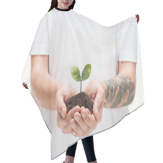 Personality  Cropped View Of Man Protecting Ground With Green Leaves Isolated On White Hair Cutting Cape