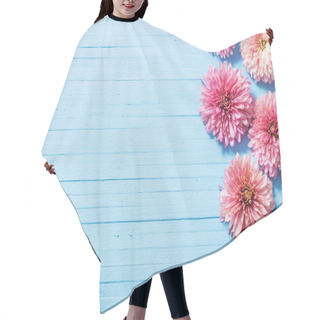 Personality  Pink Chrysanthemums On Blue Wooden Background Hair Cutting Cape