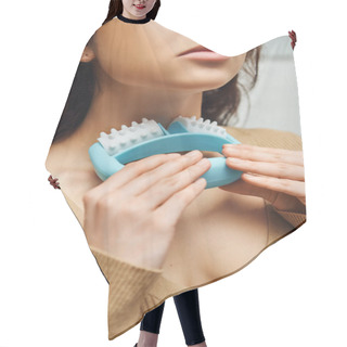 Personality  Cropped View Of Young Woman In Brown Jumper Doing Self-massage Of Lymphatic System And Nodes With Handled Massager At Home, Enhancing Self-awareness And Body Relaxation Concept, Balancing Energy Hair Cutting Cape