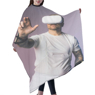 Personality  A Man In A White Shirt Is Fully Engaged, Wearing A Virtual Reality Headset In A Studio Setting. Hair Cutting Cape