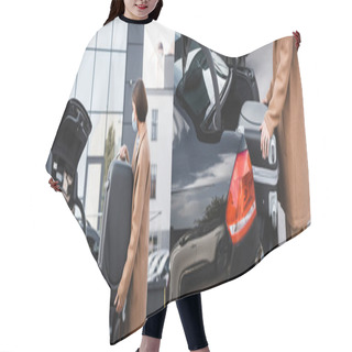 Personality  Collage Of Woman In Trench Coat And Medical Mask Loading Suitcase In Car Baggage Compartment, Banner Hair Cutting Cape
