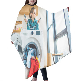 Personality  Young Woman Leaning At Broken Washing Machine Hair Cutting Cape