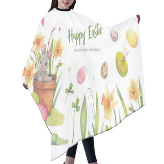 Personality  Watercolor Collection Dedicated To The Holiday Of Easter. Illustration Of A Rabbit, Flowers, Easter Eggs,yellow Daffodils, Clover Isolated On A White Background. Pictures For You Design And Print Hair Cutting Cape