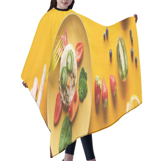 Personality  Cropped View Of Woman Eating Fancy Cow Made Of Food On Colorful Orange Background, Panoramic Shot Hair Cutting Cape