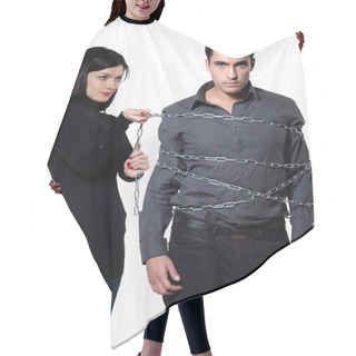 Personality  Woman Restraining A Man Chained Hair Cutting Cape