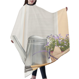 Personality  Purple Flowers In Flowerpot With Paper, Watering Can, Tools  Hair Cutting Cape