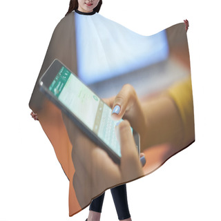 Personality  Girl Typing Phone Message On Social Network At Night Hair Cutting Cape