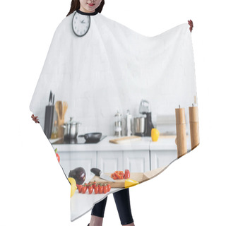 Personality  Spices, Egg Box And Fresh Vegetables On Kitchen Table  Hair Cutting Cape