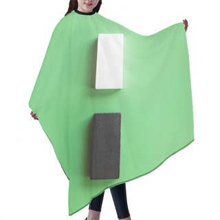 Personality  Top View Of Vertical Line Of White And Black Blocks On Green Background Hair Cutting Cape
