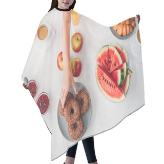 Personality  Cropped Shot Of Child Reaching For Donut During Dinner With Mother Hair Cutting Cape