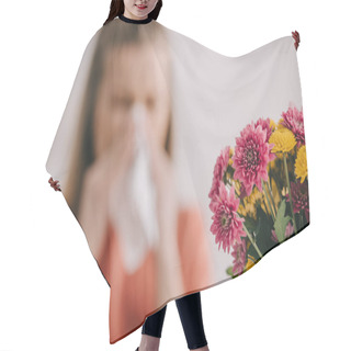Personality  Selective Focus Of Blooming Flowers Near Sneezing Woman  Hair Cutting Cape