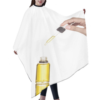 Personality  Cropped View Of Woman Holding Dropper Near Bottle With Natural Serum Isolated On White Hair Cutting Cape