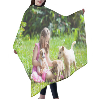 Personality  Kids Play With Puppy. Children And Dog In Garden. Hair Cutting Cape