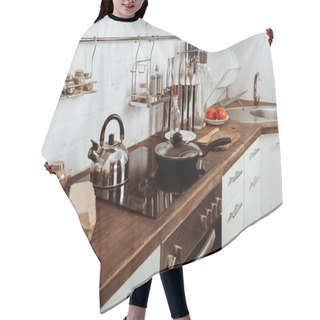 Personality  Modern Kitchen Interior With Frying Pan And Teapot On Stove  Hair Cutting Cape