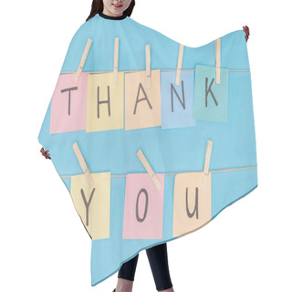 Personality  Colorful Sticky Notes Spelling Thank You On Lace With Clothespins Isolated On Blue Background Hair Cutting Cape