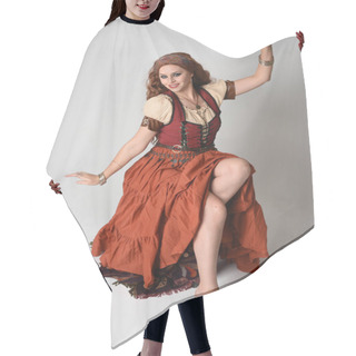 Personality  Full Length Portrait Of Beautiful Red Haired Woman Wearing A Medieval Maiden, Fortune Teller Costume.  Sitting Pose, With Gestural Hands Reaching Out. Isolated On Studio  Hair Cutting Cape
