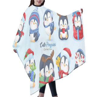 Personality  Cute Doodle Penguins Set For Christmas Day With Watercolor Illustration Hair Cutting Cape