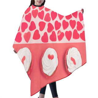 Personality  Top View Of Hearts And Cupcakes On Red And Pink Background Hair Cutting Cape