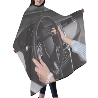 Personality  Cropped View Of Young Woman Holding Steering Wheel While Sitting In Car  Hair Cutting Cape