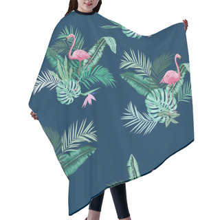 Personality  Vectors Seamless Lush Tropical Leaves Pattern With Pink Flamingos, Vertical Orientation, Exotic Plants And Birds, Monstera Leaves, Banana Leaf, Areca Palm Leaves, Bird Of Paradise, Flowers. Conversational Design Hair Cutting Cape