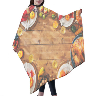 Personality  Thanksgiving Celebration Traditional Dinner Setting Meal Concept With Copy Space Hair Cutting Cape