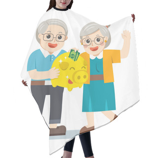 Personality  Happy Grandpa And Grandma Standing Together With Gold Piggy Bank. Hair Cutting Cape