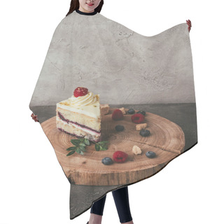 Personality  Piece Of Delicious Fruity Cake With Whipped Cream On Wooden Board Hair Cutting Cape