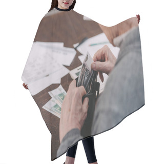 Personality  Partial View Of Senior Man Sitting At Table With Paperwork And Counting Money Hair Cutting Cape