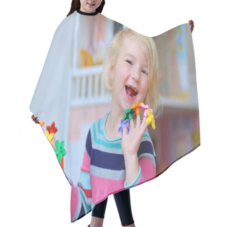 Personality  Preschooler Girl Playing Indoors With Educational Toys Hair Cutting Cape