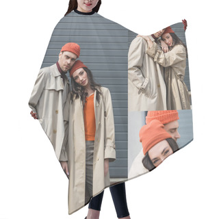 Personality  Collage Of Stylish Couple In Beanie Hats And Trench Coats Posing Outside Hair Cutting Cape