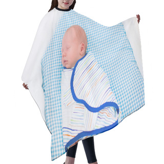 Personality  Little Swaddled Baby In White Bed Hair Cutting Cape