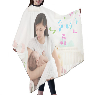 Personality  Mother With Sleeping Baby At Home. Lullaby Songs And Music Concept Hair Cutting Cape