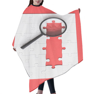 Personality  Top View Of Magnifying Glass Near White Puzzle Pieces On Red  Hair Cutting Cape